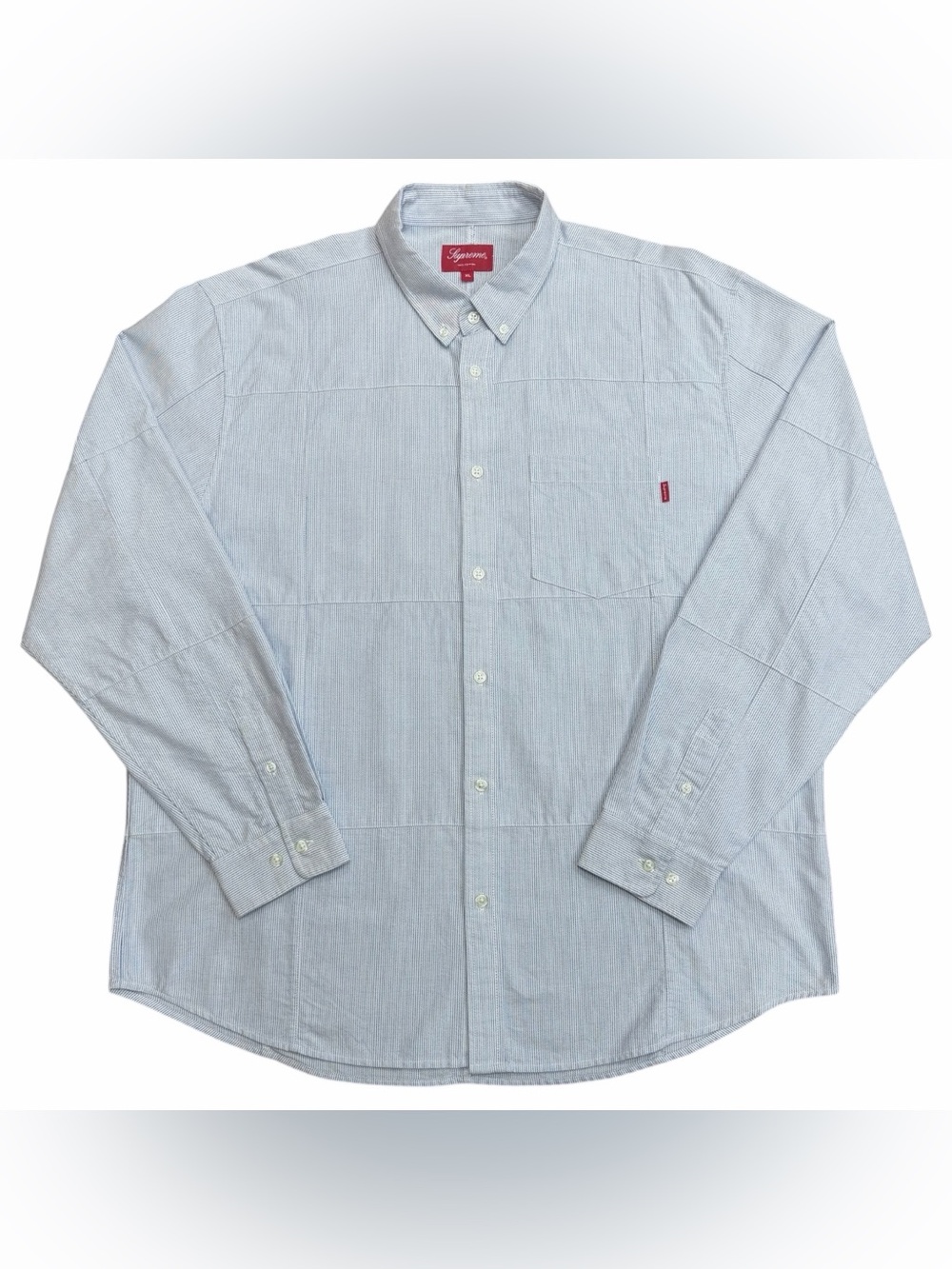 Supreme FW20 Mens Blue & White Pinstripe Patchwork Oxford Button Up Shirt Sz XL